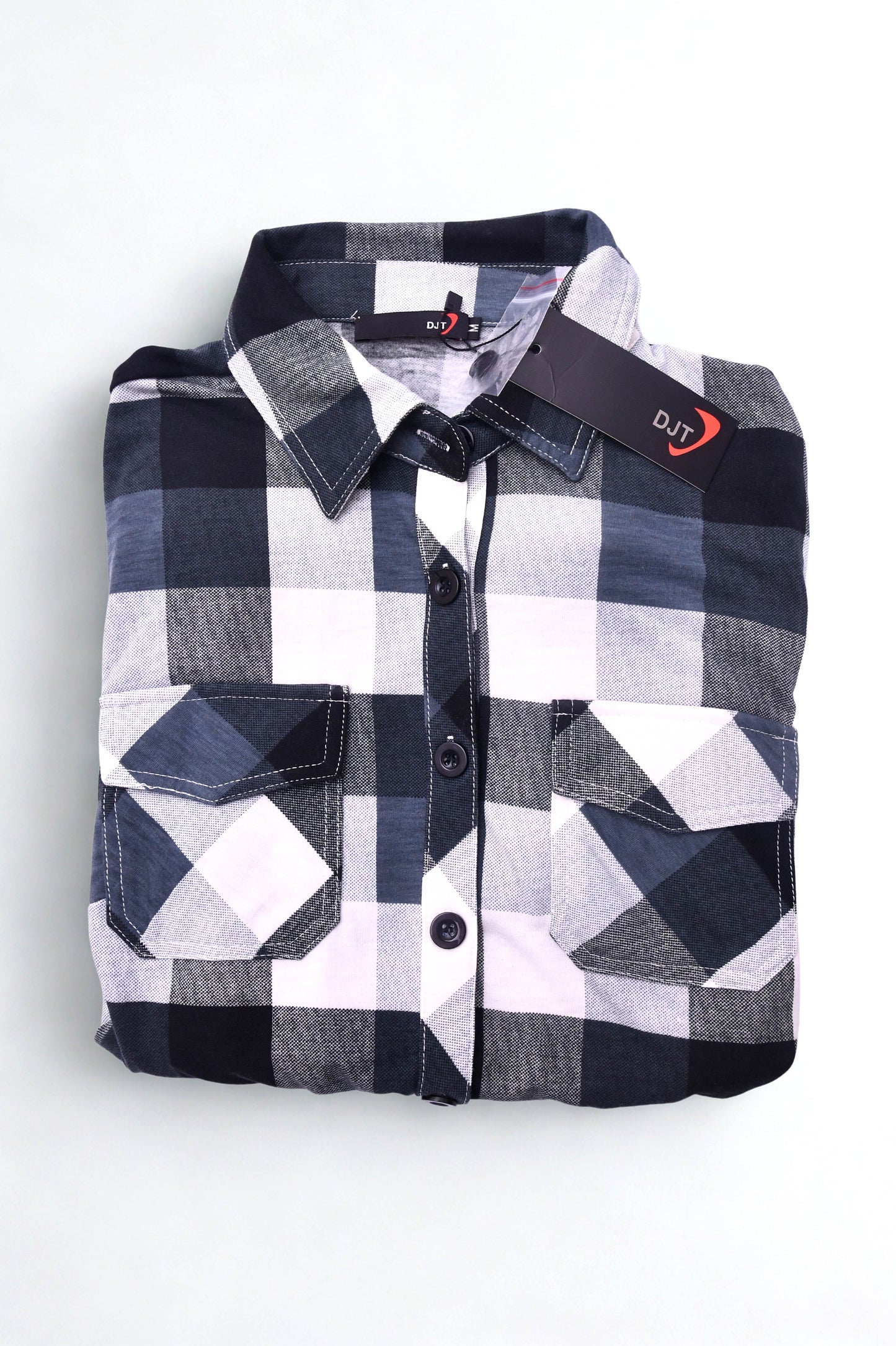 DJT Women's Plaid Button Front Shirt Black White Check Long Sleeve Size M