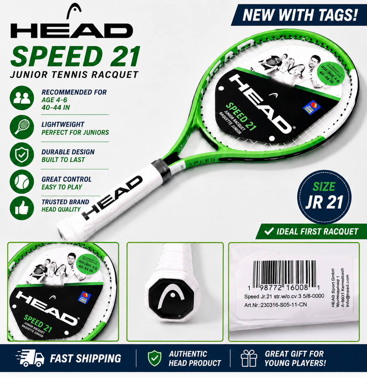 HEAD Speed 21 Junior Tennis Racquet Green 21" Kids Ages 4-6 New Fast Ship