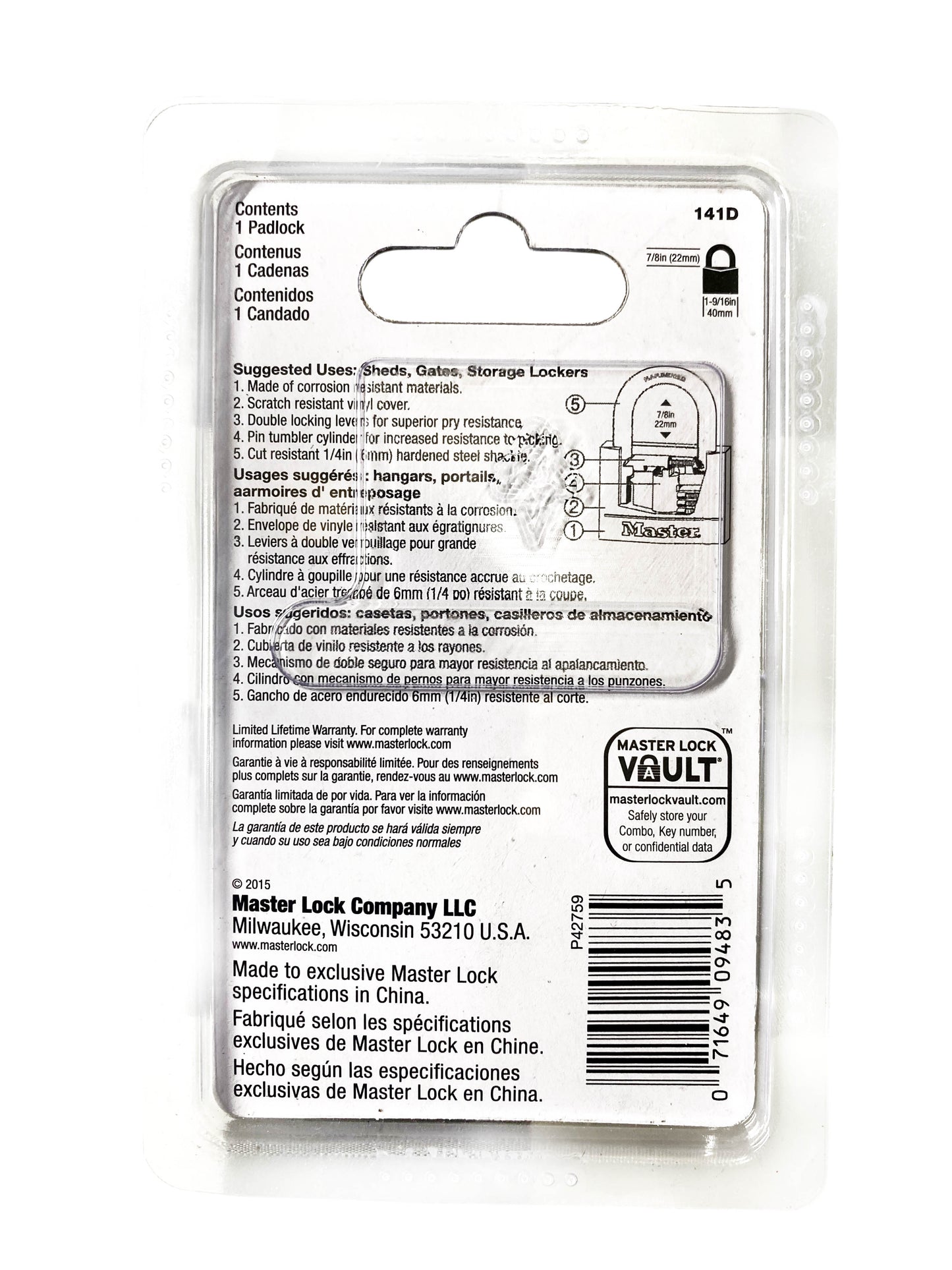 Master Lock 1.5" Vinyl Covered 4-pin Cylinder Double Locking Padlock