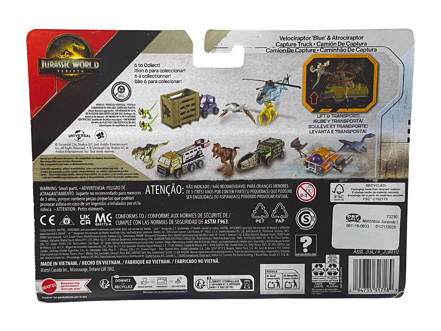 Matchbox Jurassic World Rebirth VELOCIRAPTOR BLUE+ATROCIRAPTOR Capture Truck