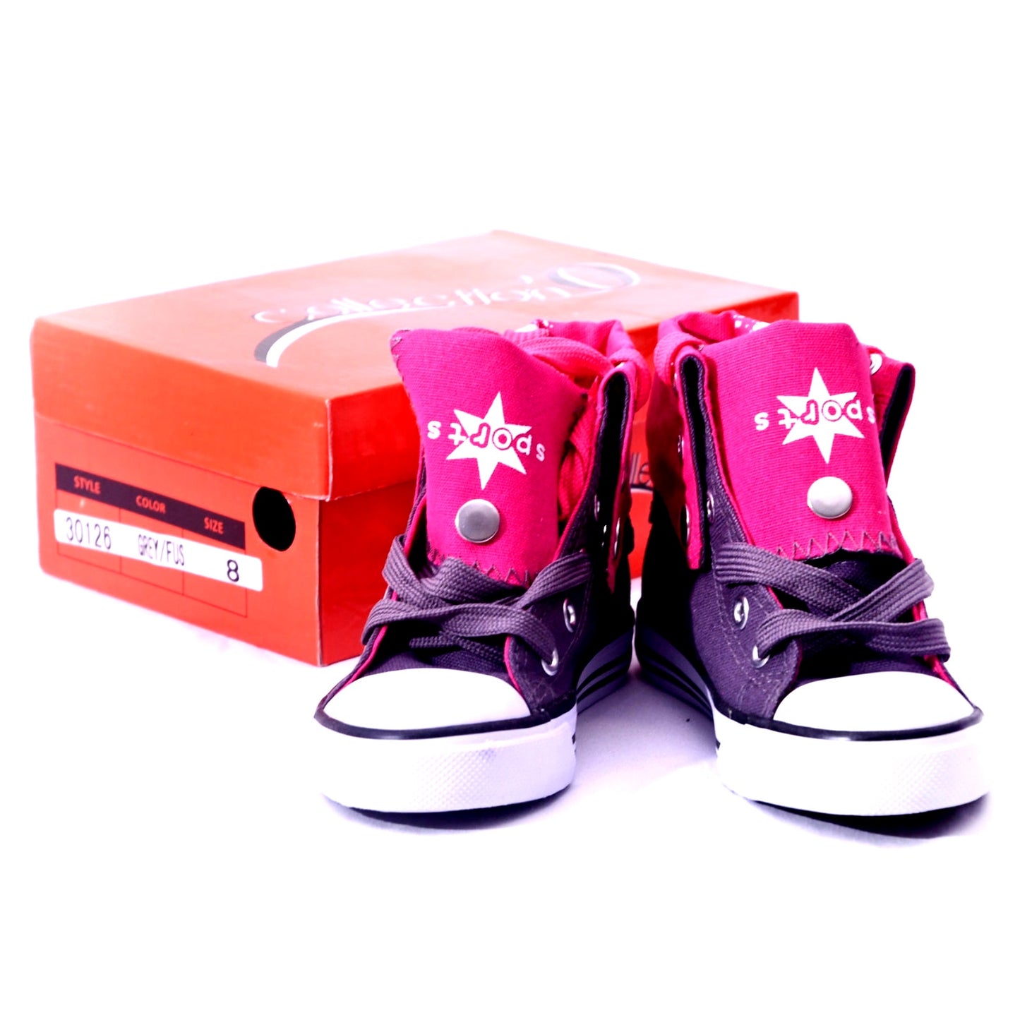 SPOCS Kids High Top Sneakers Size 8 Grey Fuchsia Pink Lace Up Shoes w/ Box