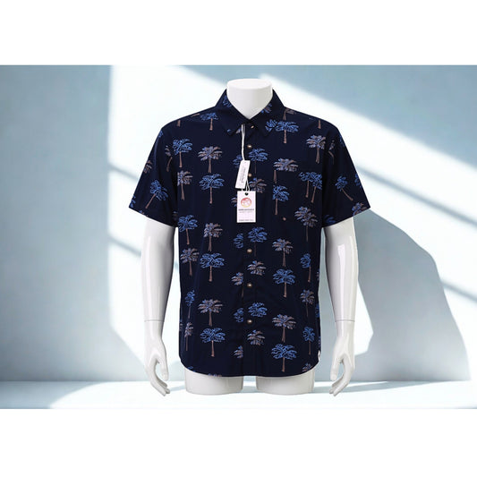 Free Planet Men's Medium Navy Palm Tree Hawaiian Button Up Shirt NWT