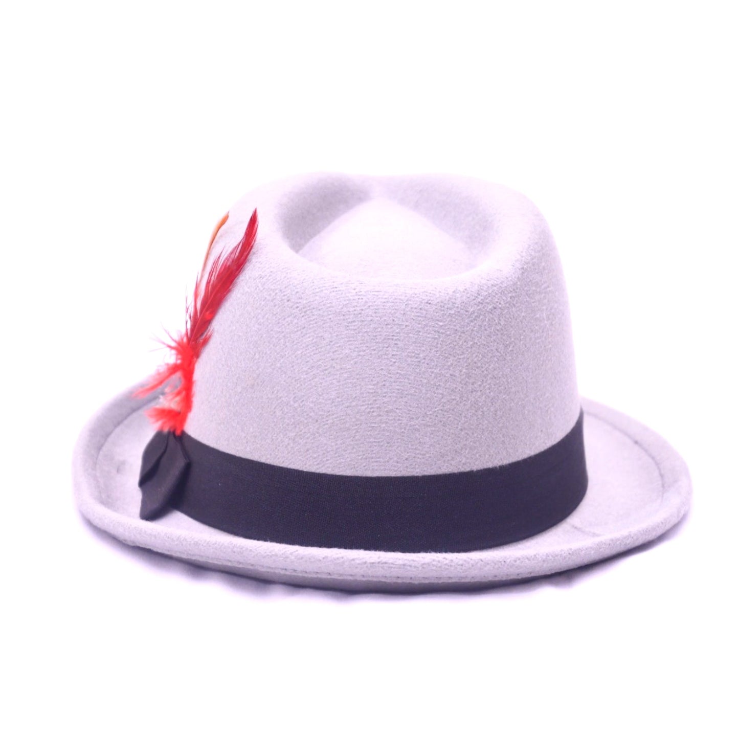 Vintage Style Gray Fedora Hat Red Feather Black Ribbon Dress Hat Unisex