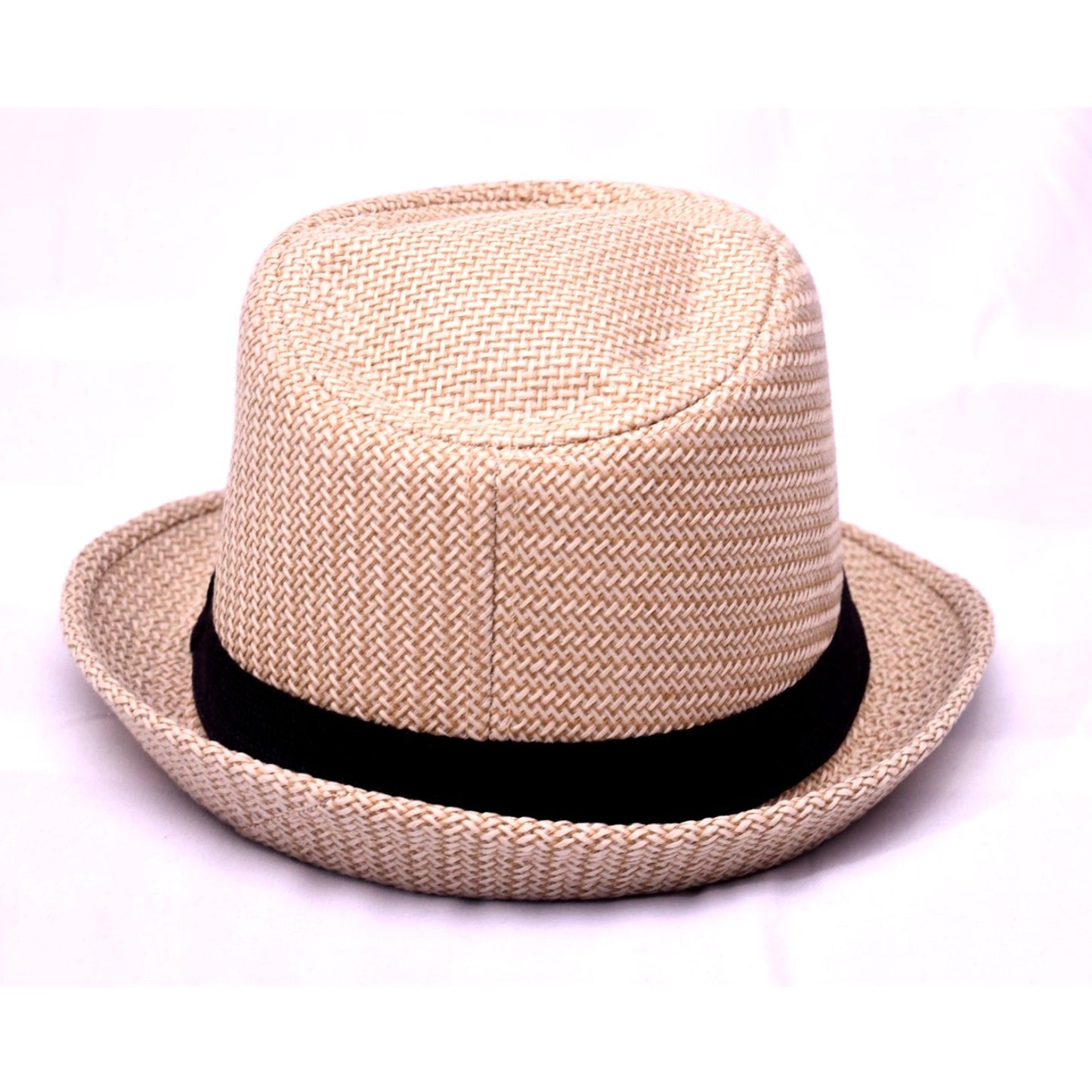 Beige Straw Fedora Hat Black Band Summer Beach Sun Hat Unisex One Size