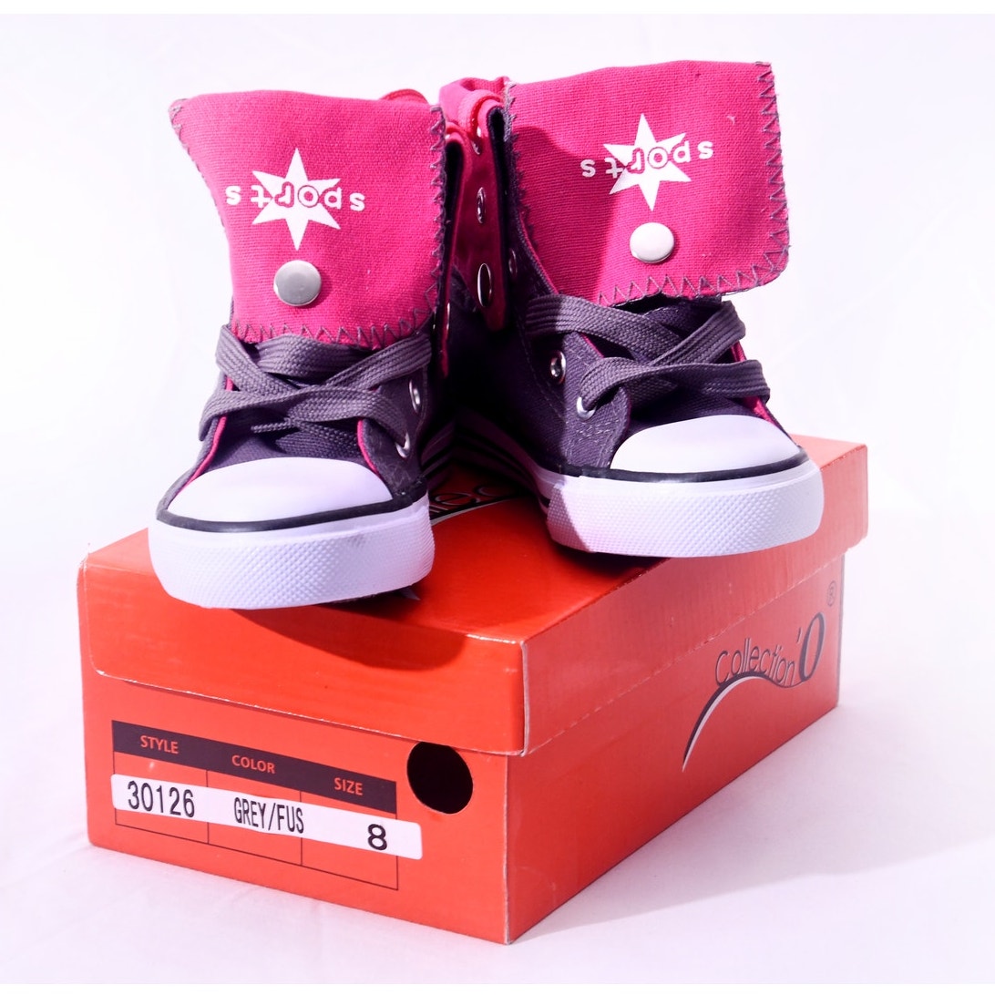 SPOCS Kids High Top Sneakers Size 8 Grey Fuchsia Pink Lace Up Shoes w/ Box