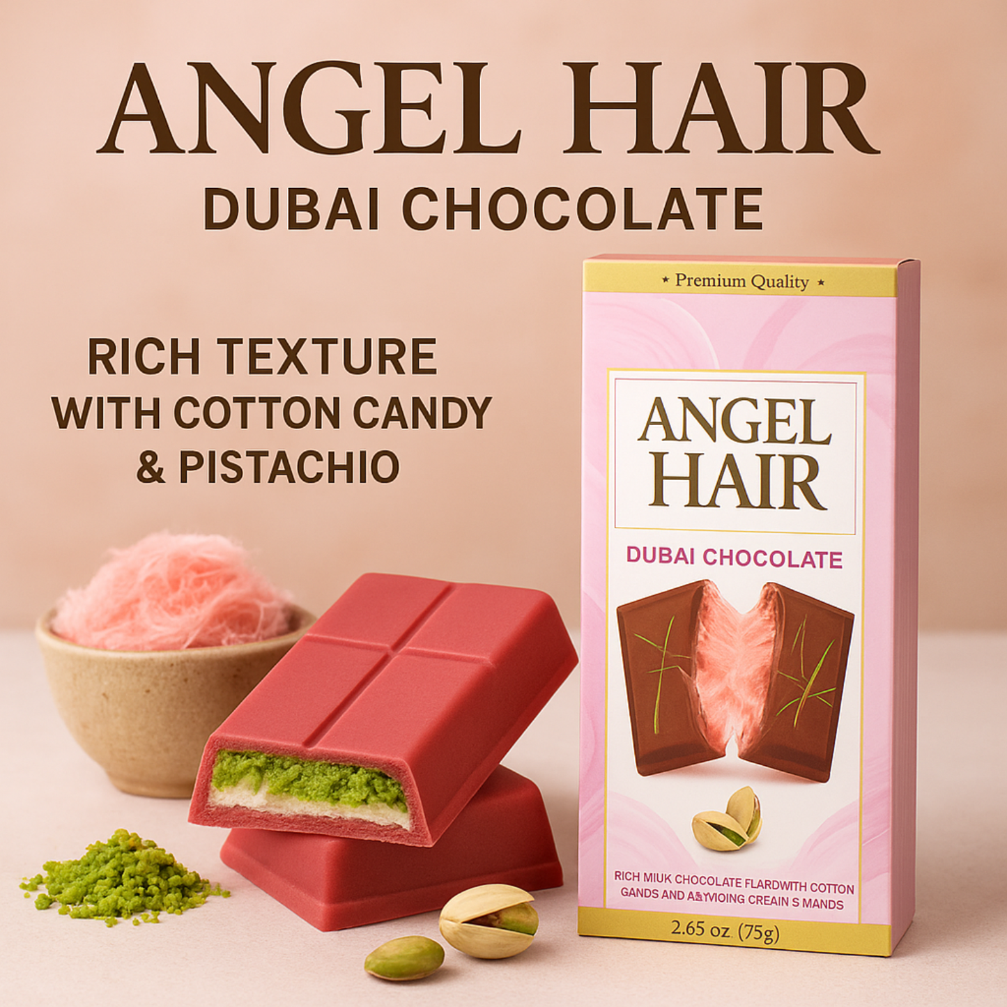 2.65 Oz Angel Hair Pink Chocolate Bar Cotton Candy+Pistachio