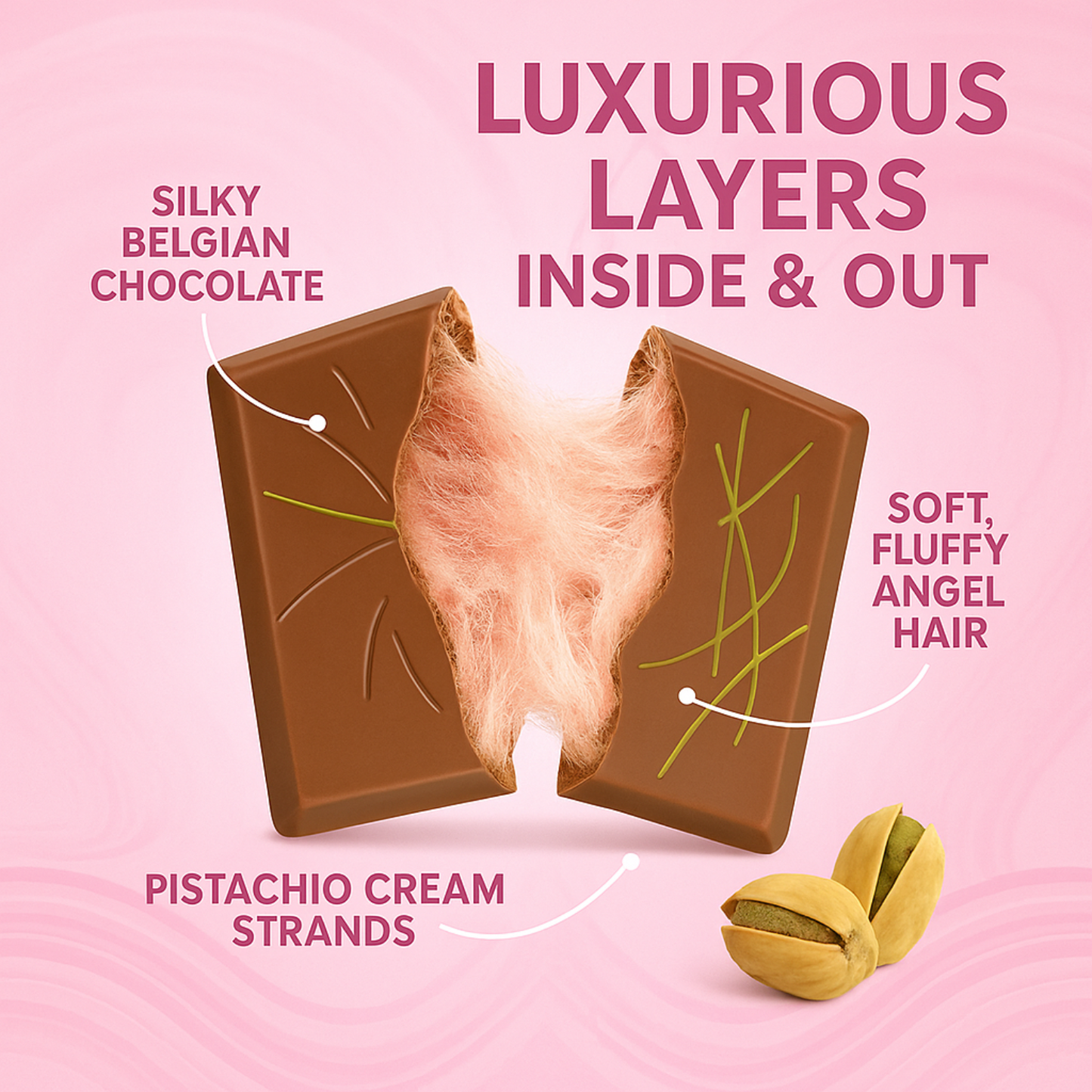 2.65 Oz Angel Hair Pink Chocolate Bar Cotton Candy+Pistachio
