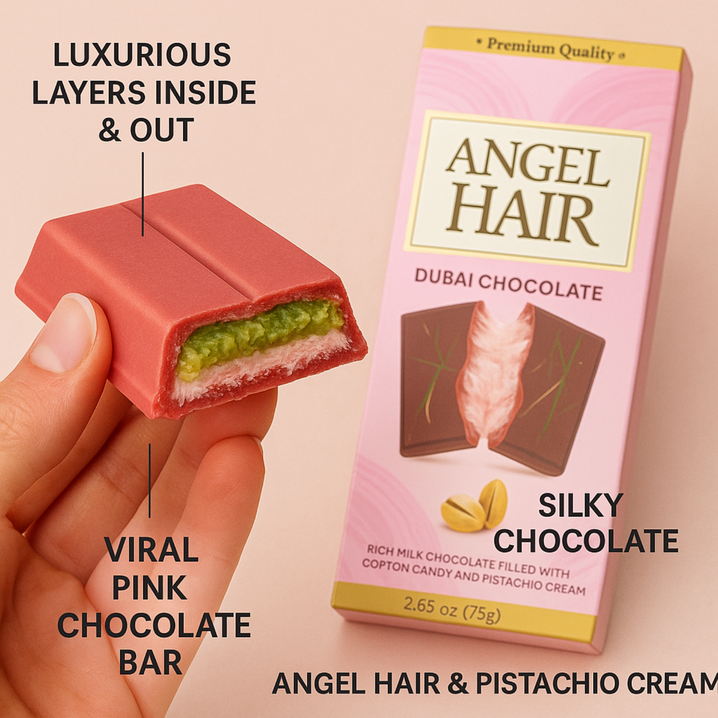 2.65 Oz Angel Hair Pink Chocolate Bar Cotton Candy+Pistachio