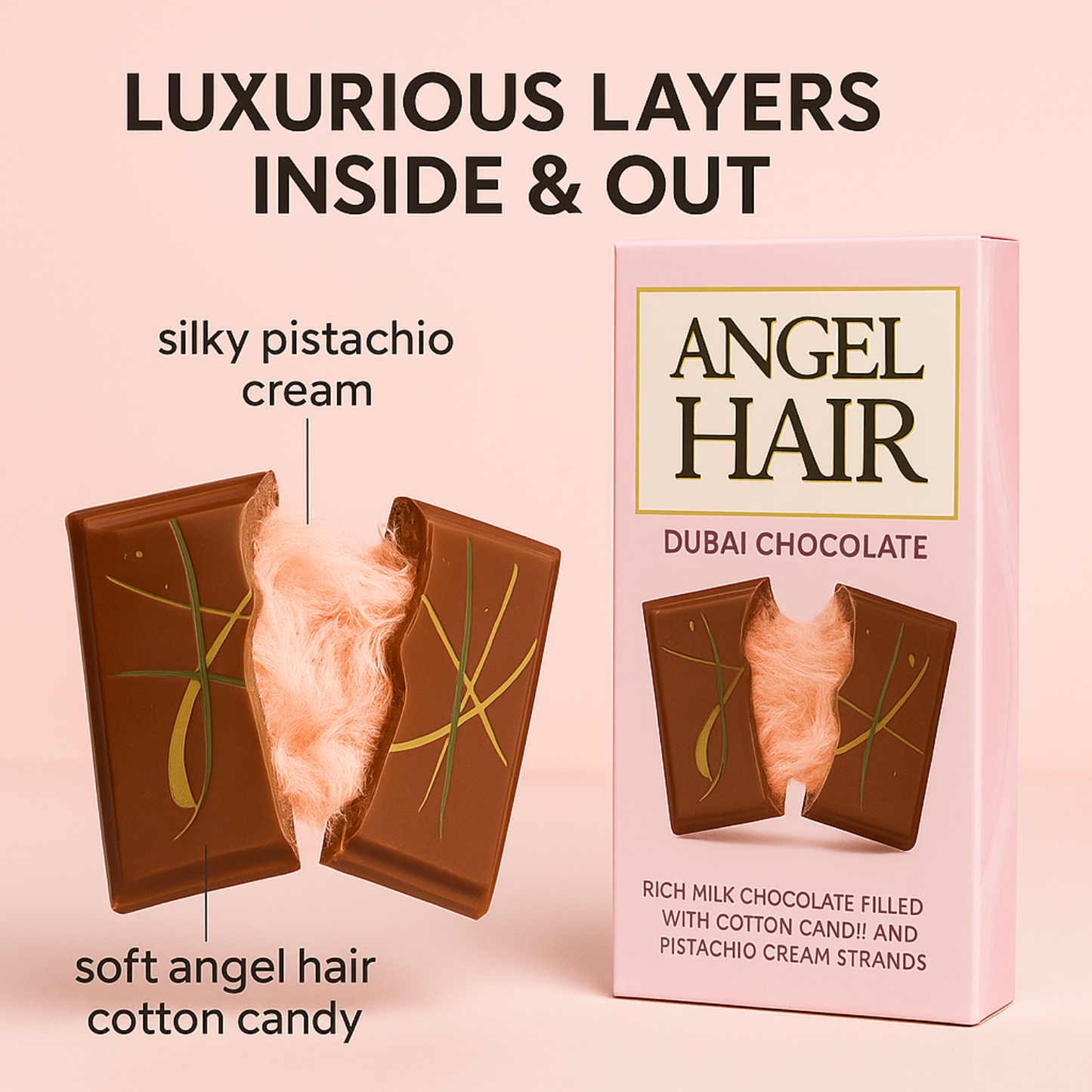 2.65 Oz Angel Hair Pink Chocolate Bar Cotton Candy+Pistachio