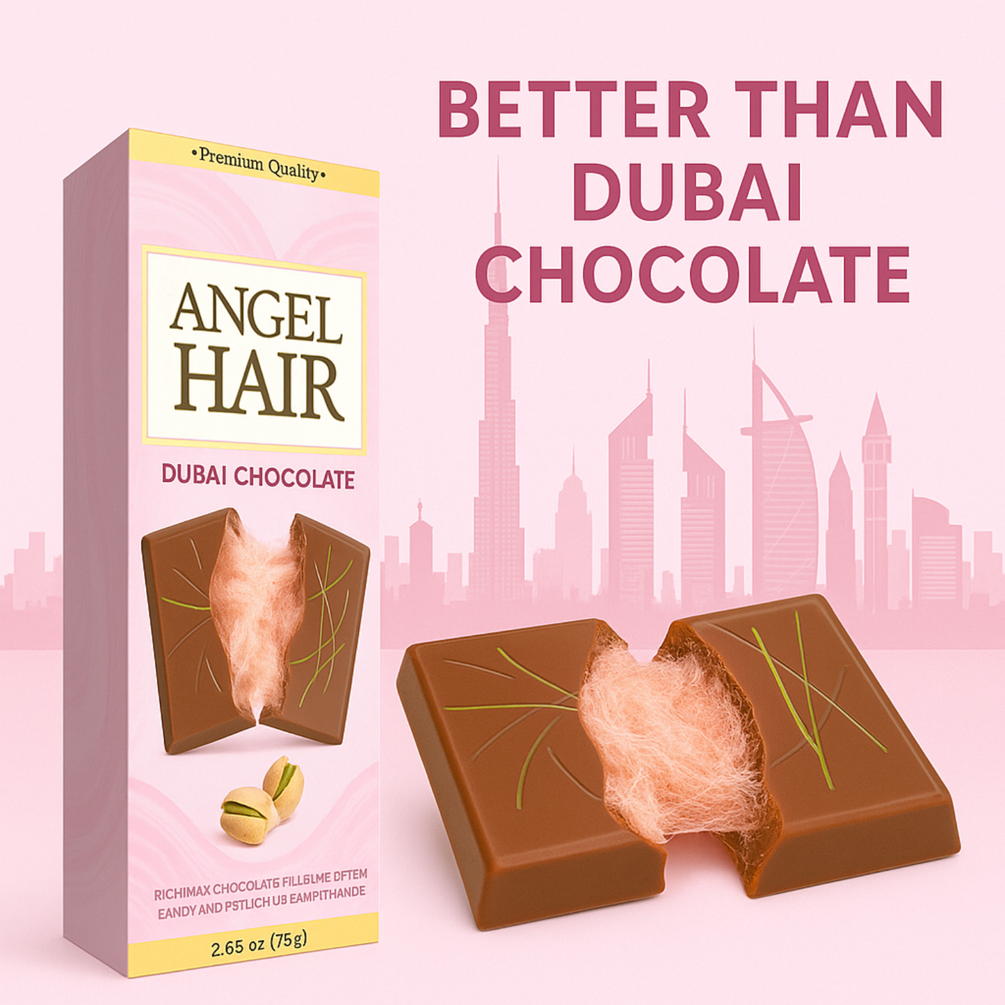 2.65 Oz Angel Hair Pink Chocolate Bar Cotton Candy+Pistachio