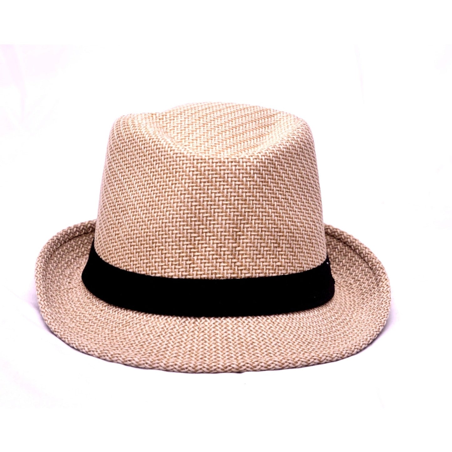 Beige Straw Fedora Hat Black Band Summer Beach Sun Hat Unisex One Size