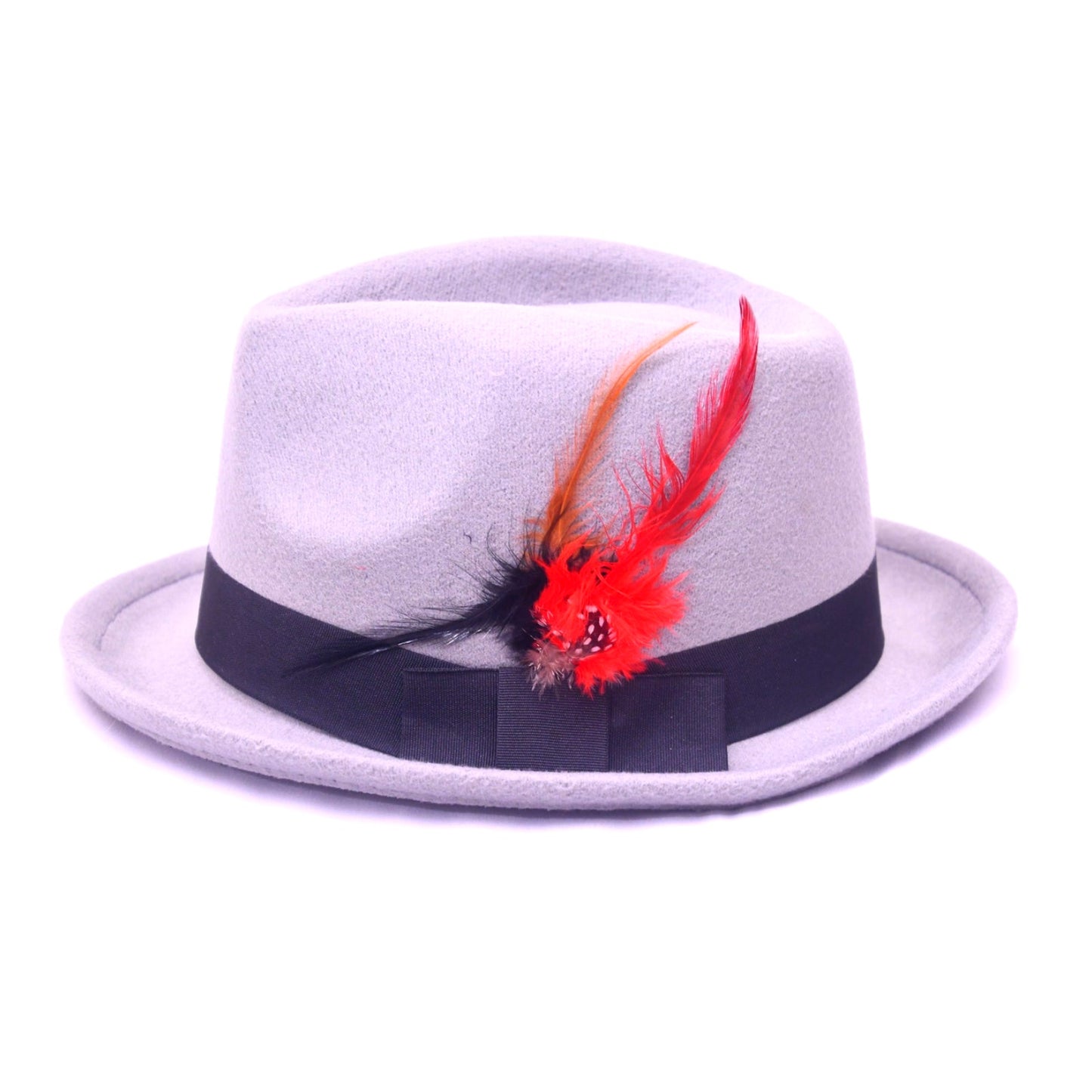 Vintage Style Gray Fedora Hat Red Feather Black Ribbon Dress Hat Unisex