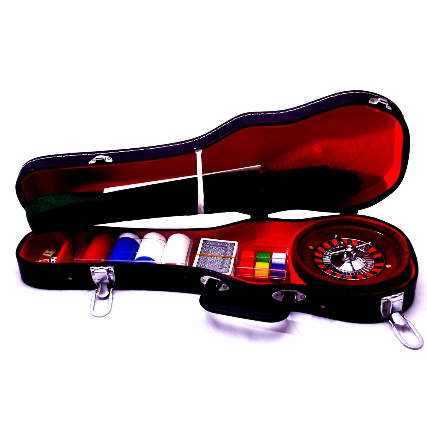 Casino Game Set Roulette Poker Blackjack Dice Chips Cards in Guitar Case