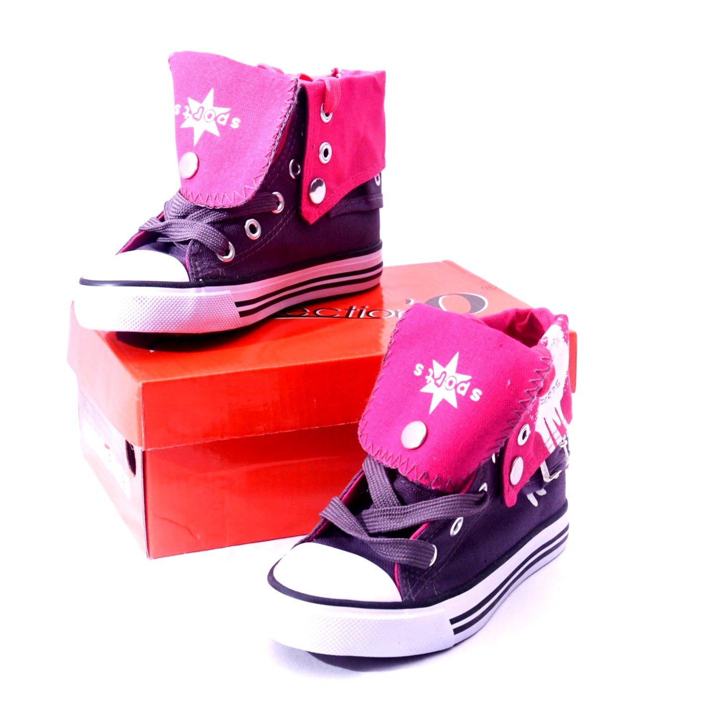 SPOCS Kids High Top Sneakers Size 8 Grey Fuchsia Pink Lace Up Shoes w/ Box