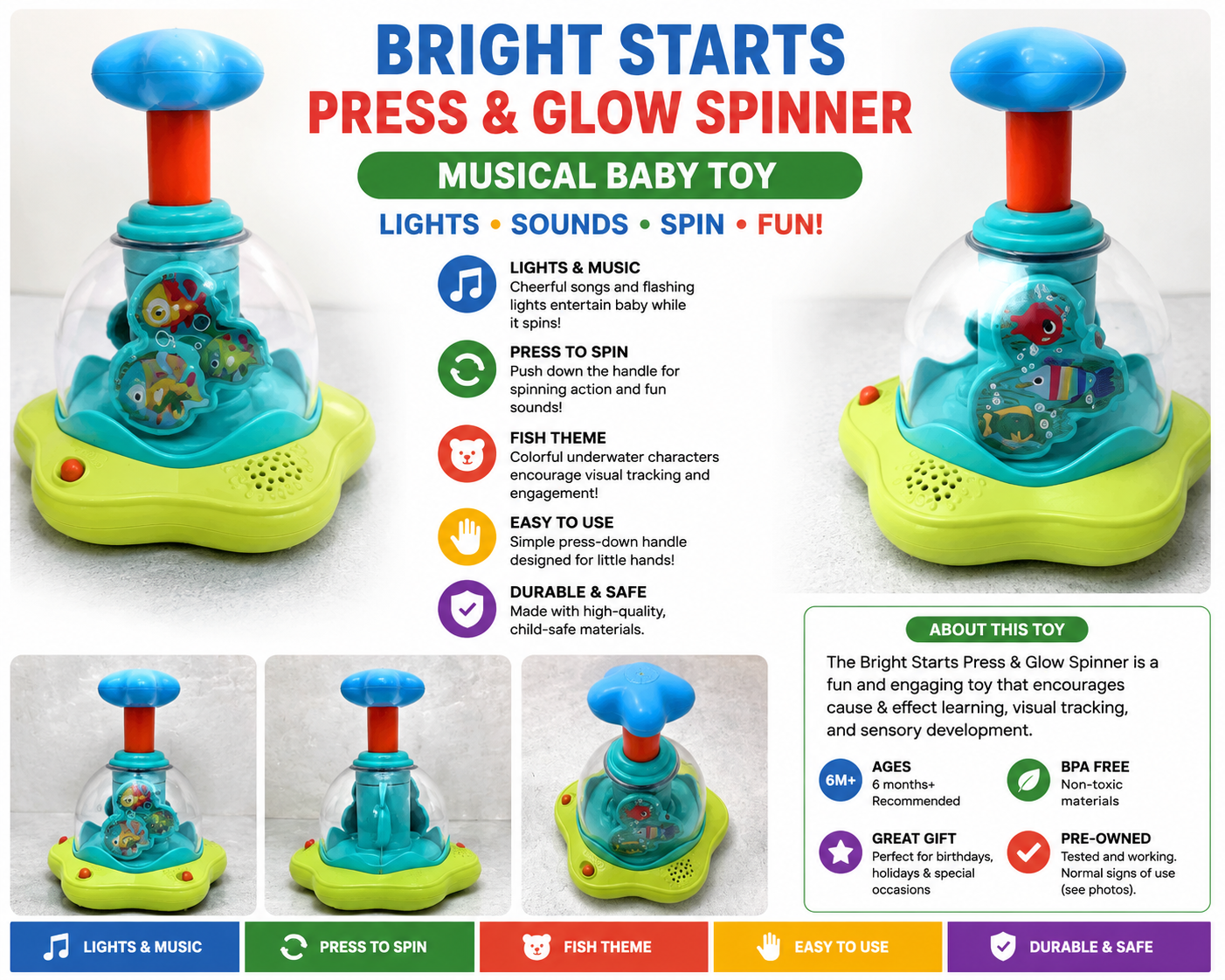 Bright Starts Press & Glow Spinner Baby Toy Lights Sounds Musical Spin Toy Tested(Pre-owned)