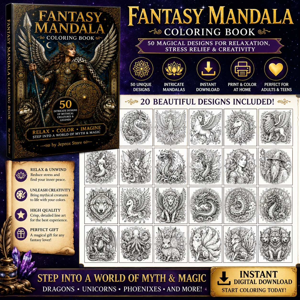 Fantasy Mandala Coloring Book – Digital PDF Download