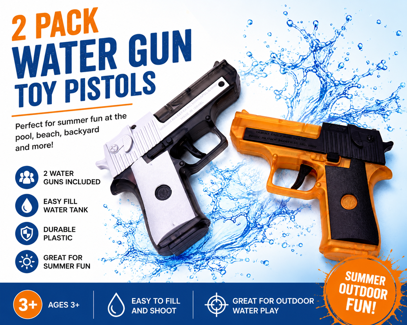 2 Pack Water Gun Toy Pistols Summer Pool Beach Outdoor Kids Water Toys