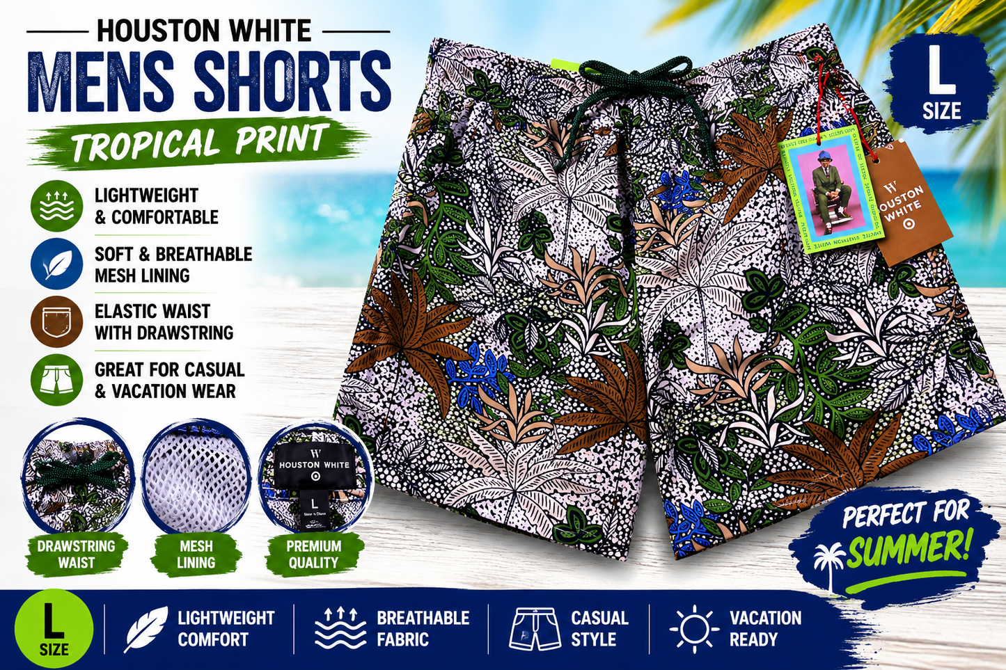 Houston White Target Men's Swim Trunks Tropical Print Shorts Size L NWT