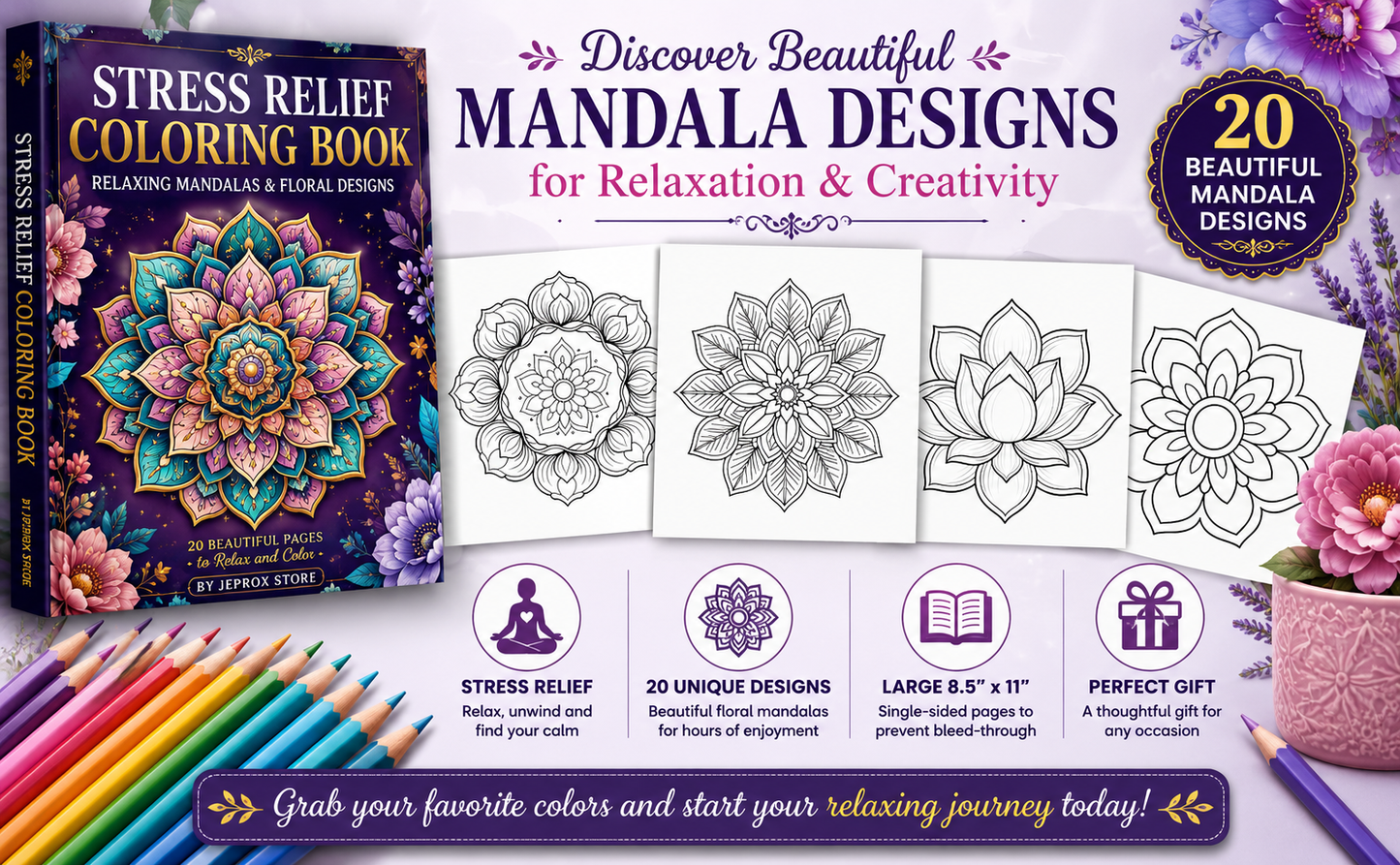 Stress Relief Coloring Book PDF Download – 20 Beautiful Mandala Designs