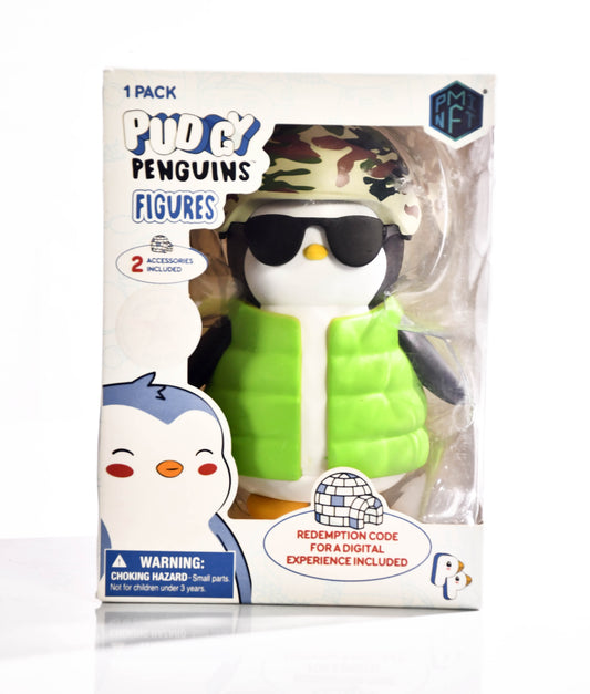 Pudgy Penguins Figure/Green Vest, Camo Hat, Glasses