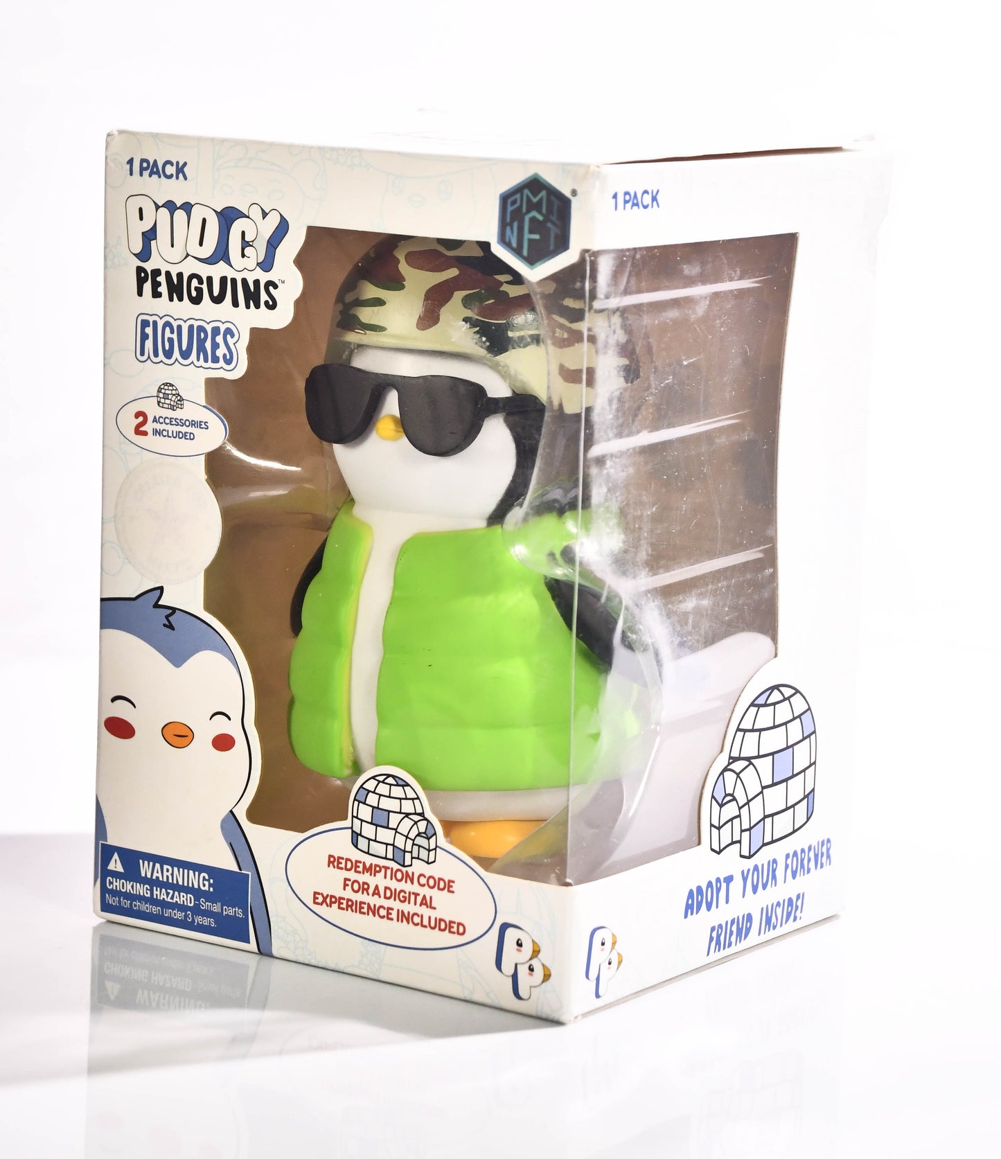 Pudgy Penguins Figure/Green Vest, Camo Hat, Glasses