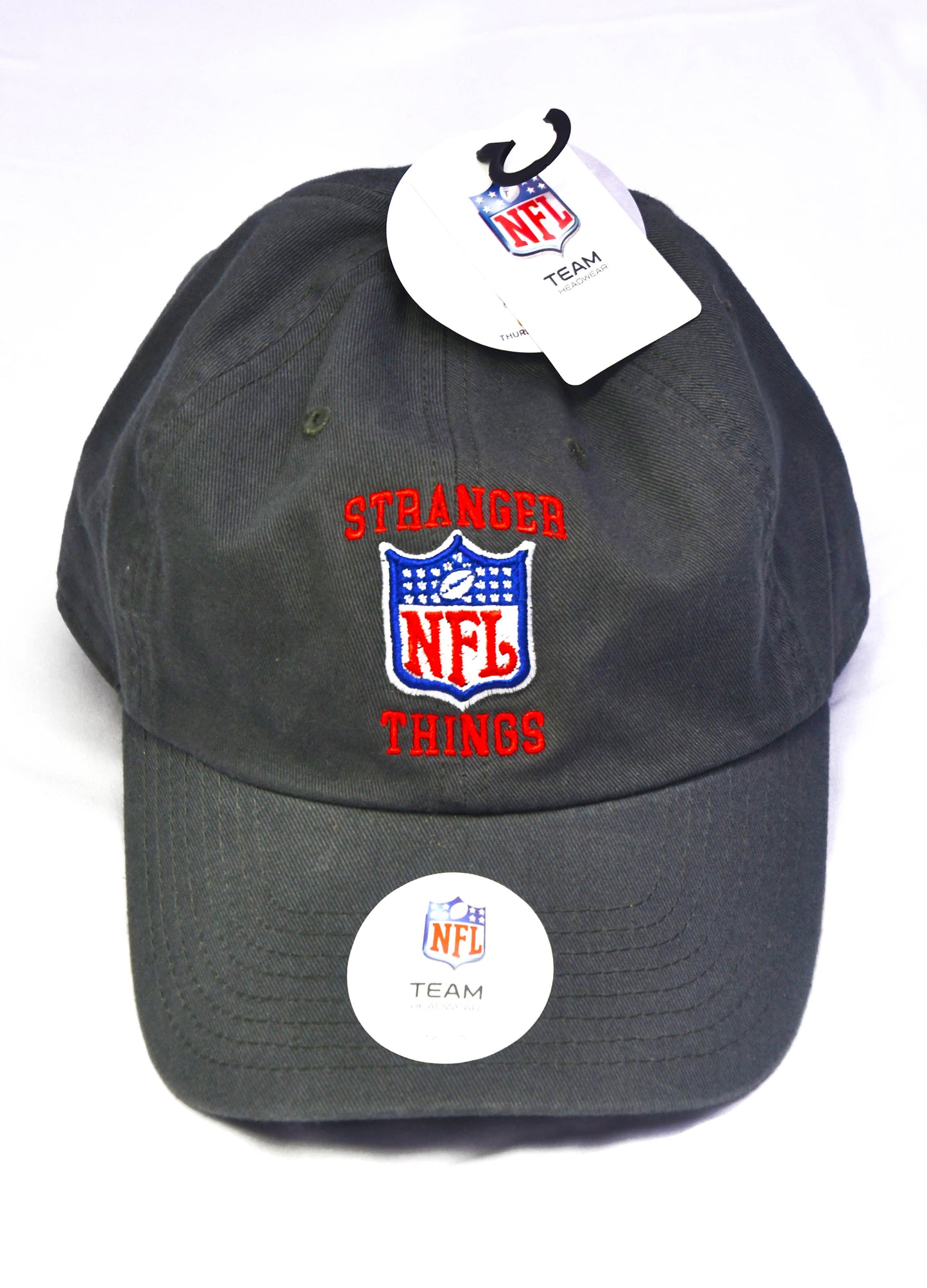NFL X STRANGER THINGS Gray Baseball Cap Hat Logos In Red Slide Back OSFM
