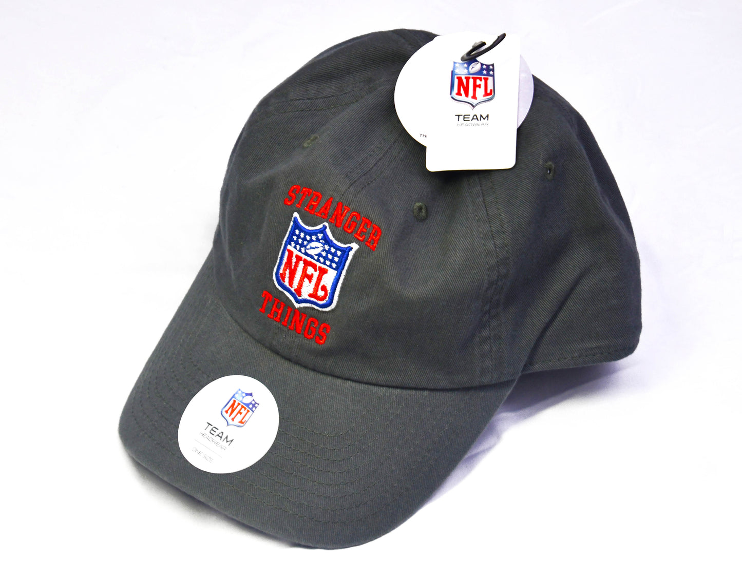 NFL X STRANGER THINGS Gray Baseball Cap Hat Logos In Red Slide Back OSFM