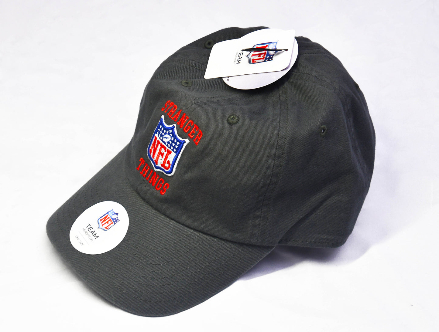 NFL X STRANGER THINGS Gray Baseball Cap Hat Logos In Red Slide Back OSFM