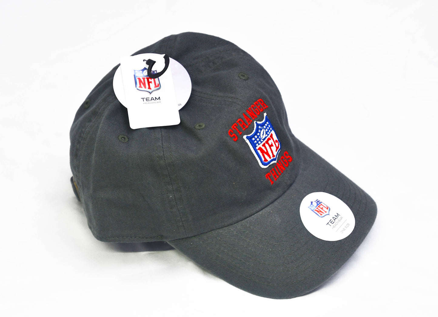 NFL X STRANGER THINGS Gray Baseball Cap Hat Logos In Red Slide Back OSFM
