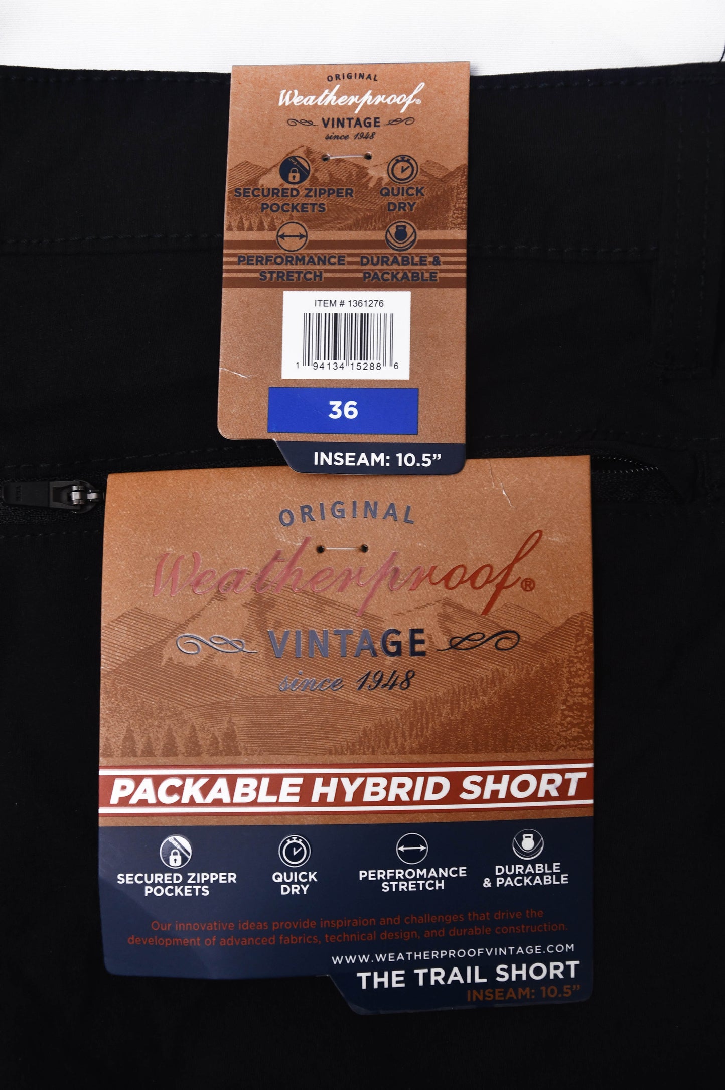 Weatherproof Vintage Men's Packable Hybrid Short, Black, Sz-36