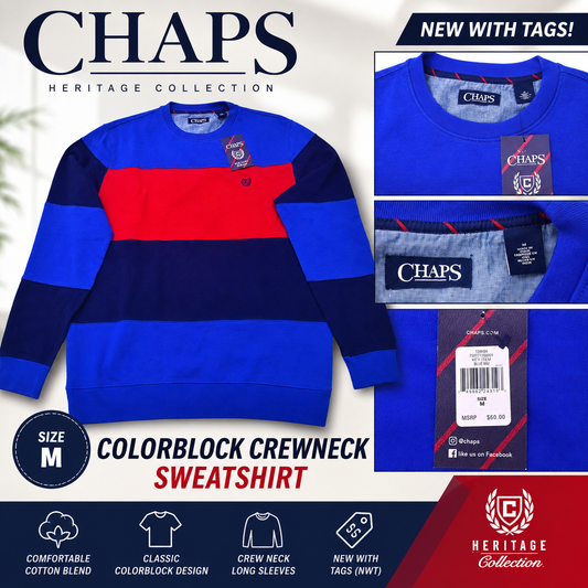 NWT CHAPS Heritage Collection Sweatshirt Mens Medium Blue Red Colorblock Crew Neck