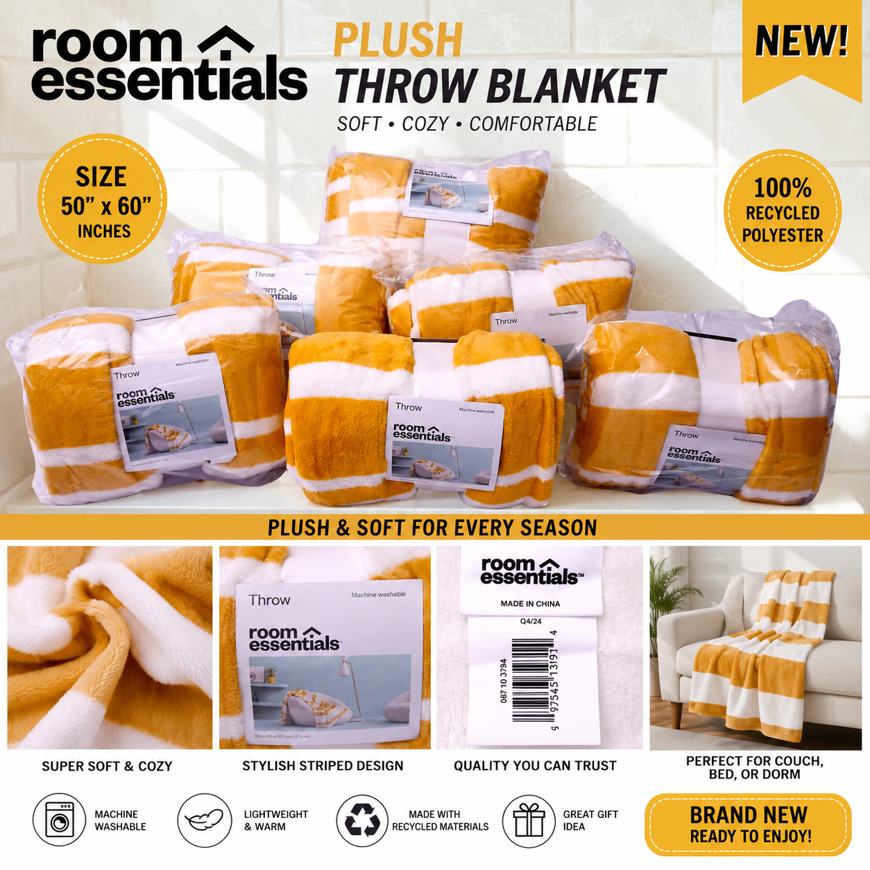 Room Essentials Plush Throw Blanket Yellow White Striped 50x60 Soft Cozy