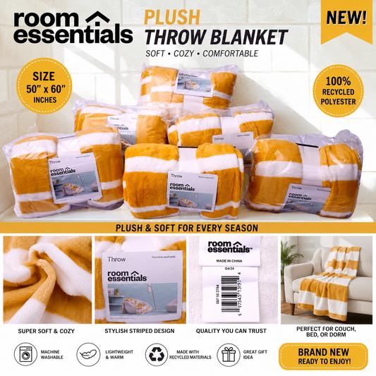 Room Essentials Plush Throw Blanket Yellow White Striped 50x60 Soft Cozy