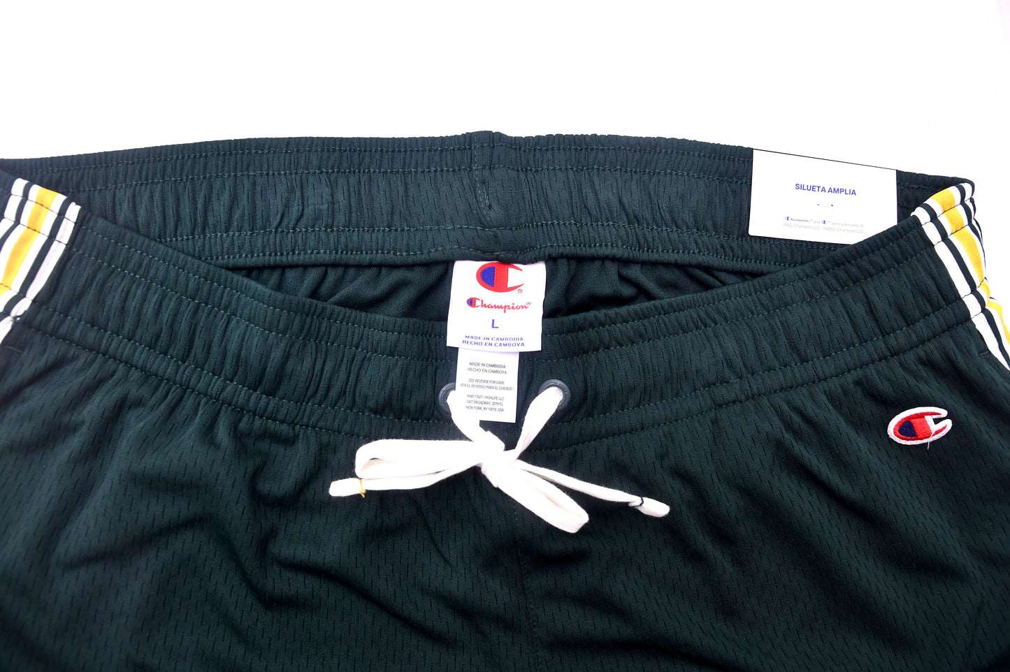 Champion Men's Athletic Mesh Shorts Size L Black Yellow Striped Drawstring