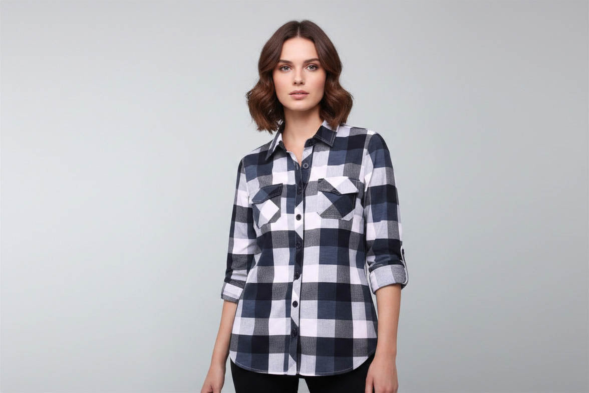 DJT Women's Plaid Button Front Shirt Black White Check Long Sleeve Size M