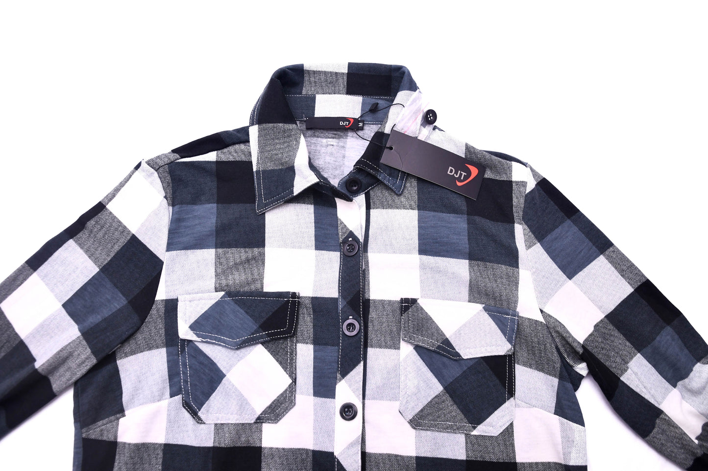 DJT Women's Plaid Button Front Shirt Black White Check Long Sleeve Size M