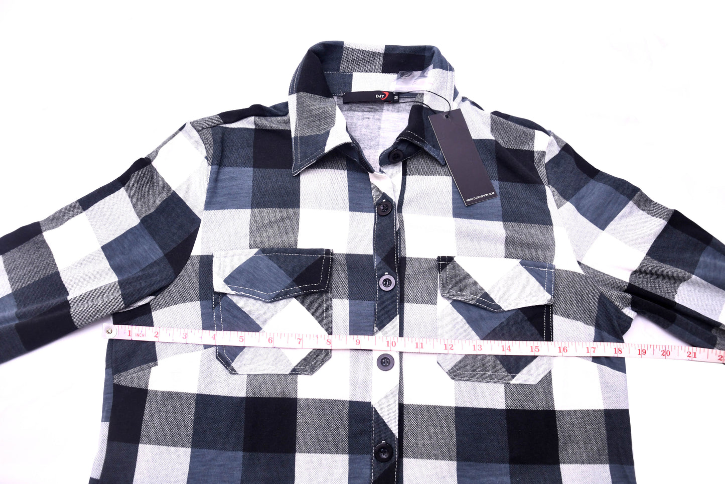 DJT Women's Plaid Button Front Shirt Black White Check Long Sleeve Size M