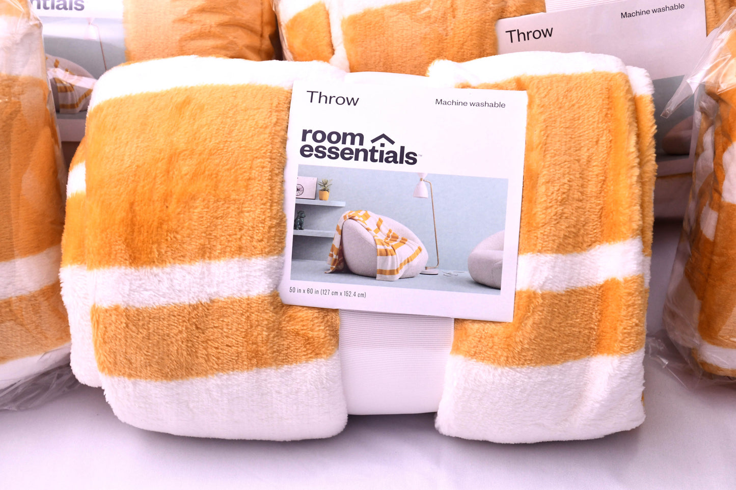 Room Essentials Plush Throw Blanket Yellow White Striped 50x60 Soft Cozy