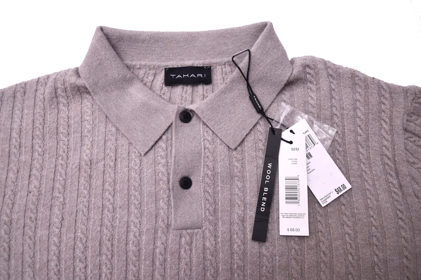 Tahari Mens Medium Wool Blend Sweater Polo Cable Knit Long Sleeve NWT Gray