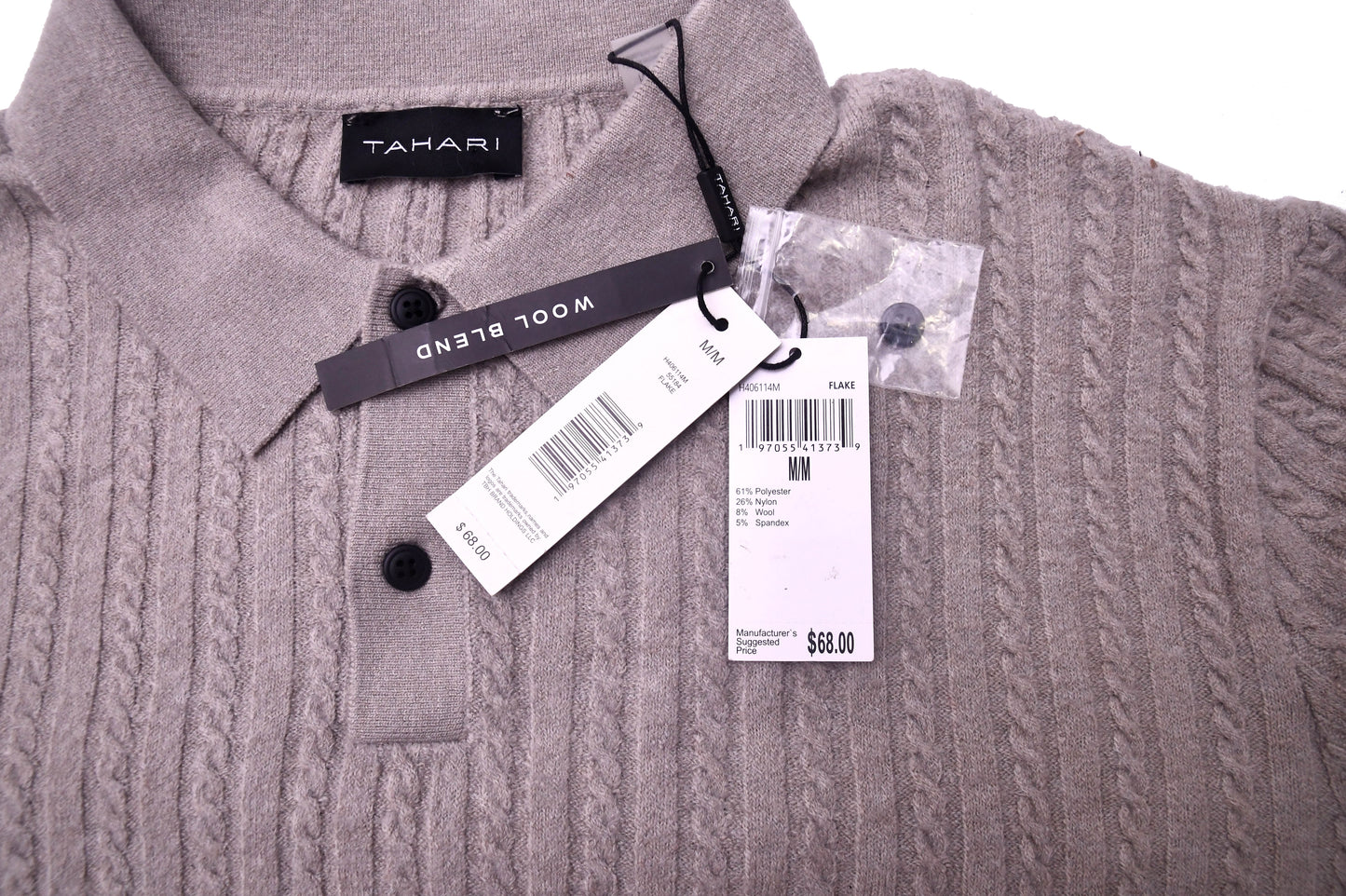 Tahari Mens Medium Wool Blend Sweater Polo Cable Knit Long Sleeve NWT Gray