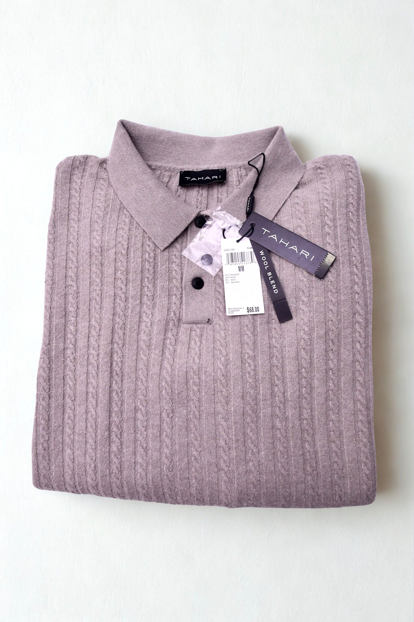 Tahari Mens Medium Wool Blend Sweater Polo Cable Knit Long Sleeve NWT Gray