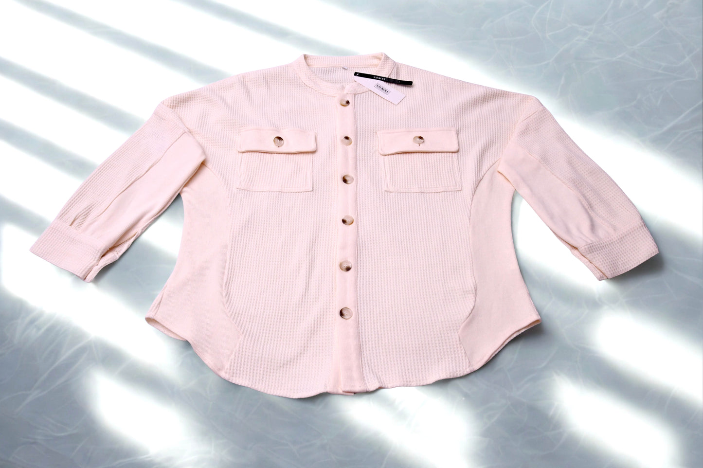 SAUKOLE Womens Ivory Waffle Knit Button Front Shacket Blouse 3/4 Sleeve NWT
