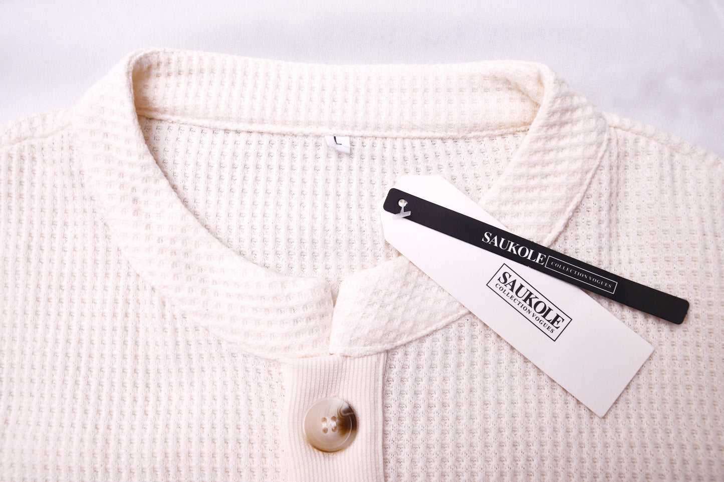 SAUKOLE Womens Ivory Waffle Knit Button Front Shacket Blouse 3/4 Sleeve NWT