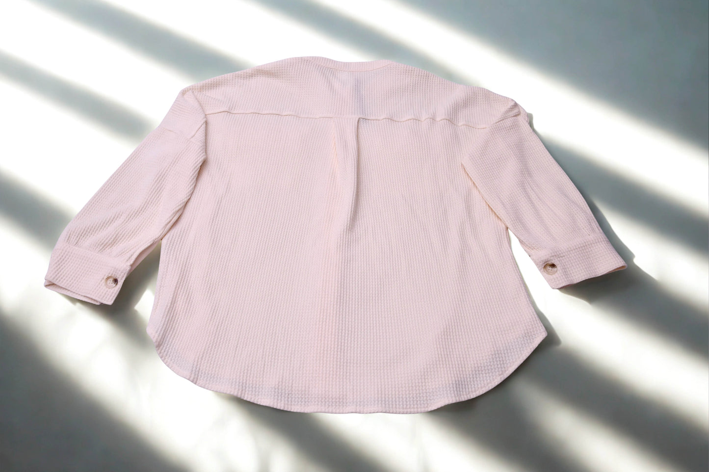 SAUKOLE Womens Ivory Waffle Knit Button Front Shacket Blouse 3/4 Sleeve NWT
