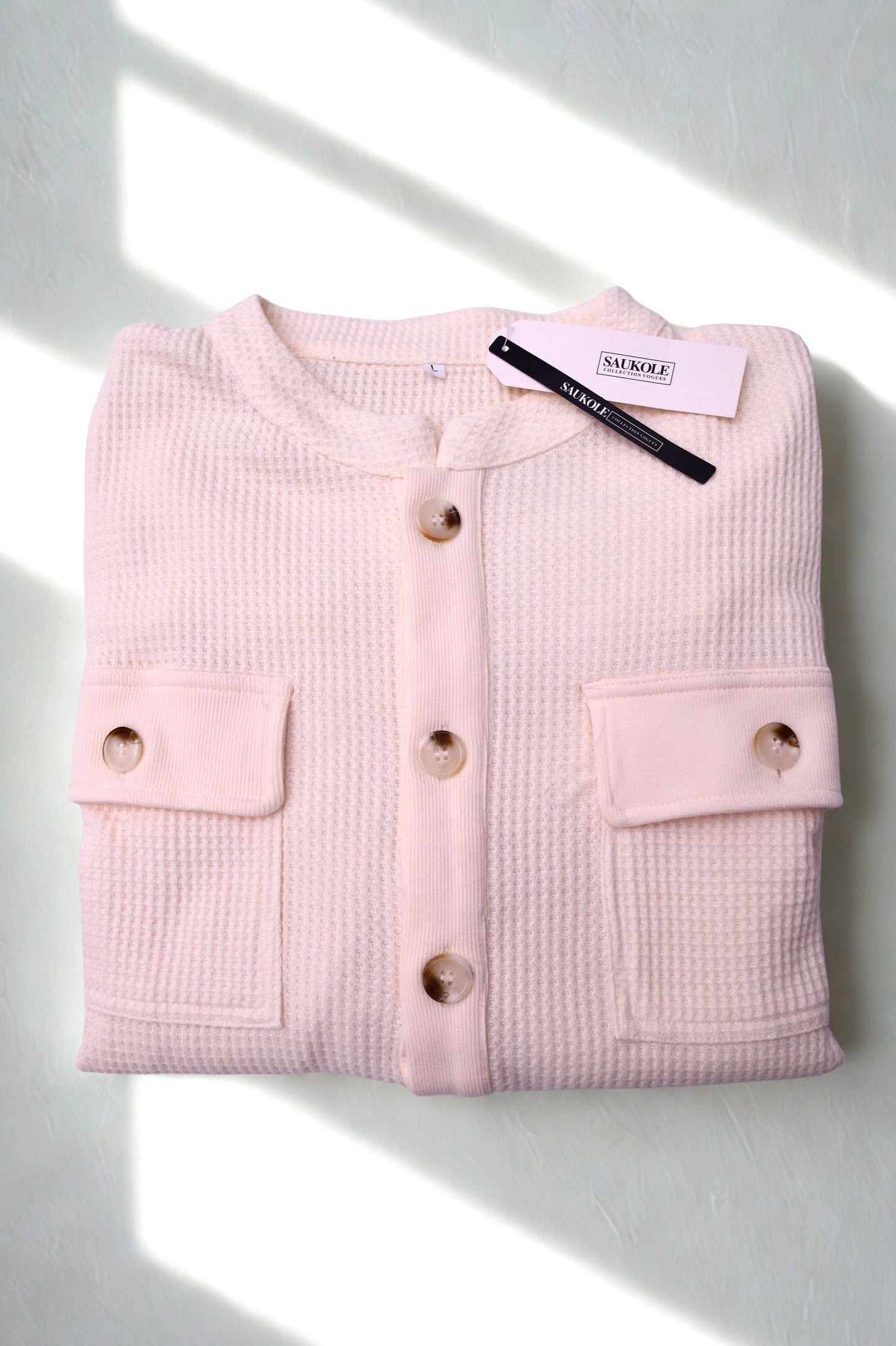 SAUKOLE Womens Ivory Waffle Knit Button Front Shacket Blouse 3/4 Sleeve NWT
