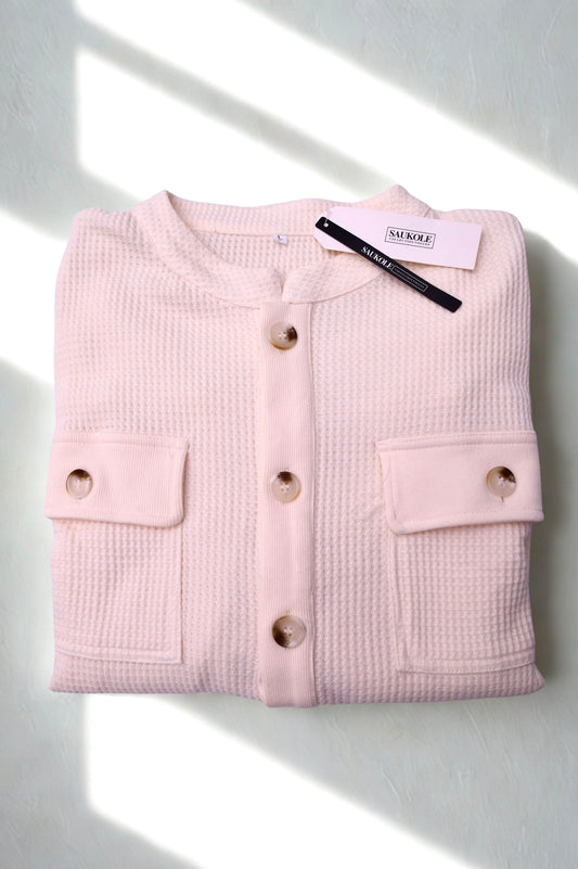 SAUKOLE Womens Ivory Waffle Knit Button Front Shacket Blouse 3/4 Sleeve NWT