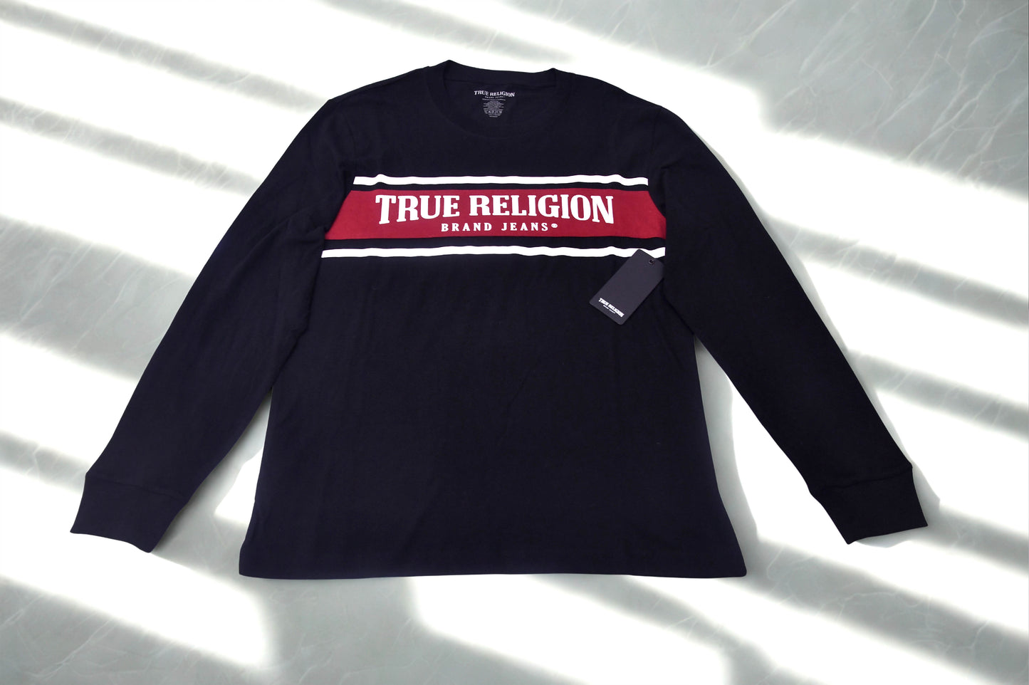 NWT True Religion Men's Long Sleeve Tee Shirt Black Red Logo Graphic 100% Cotton