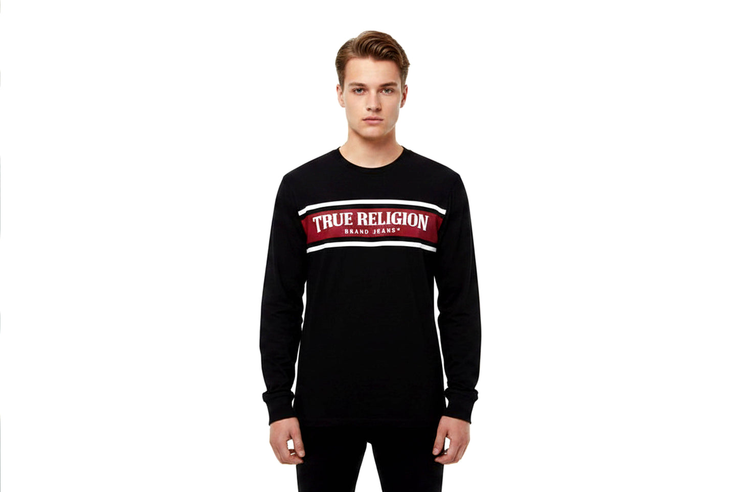 NWT True Religion Men's Long Sleeve Tee Shirt Black Red Logo Graphic 100% Cotton