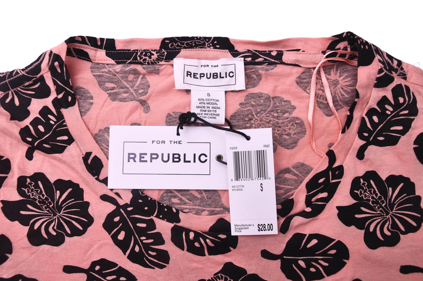 For The Republic Women's Pink Floral Tropical Leaf Pocket Tee Shirt Small NWT