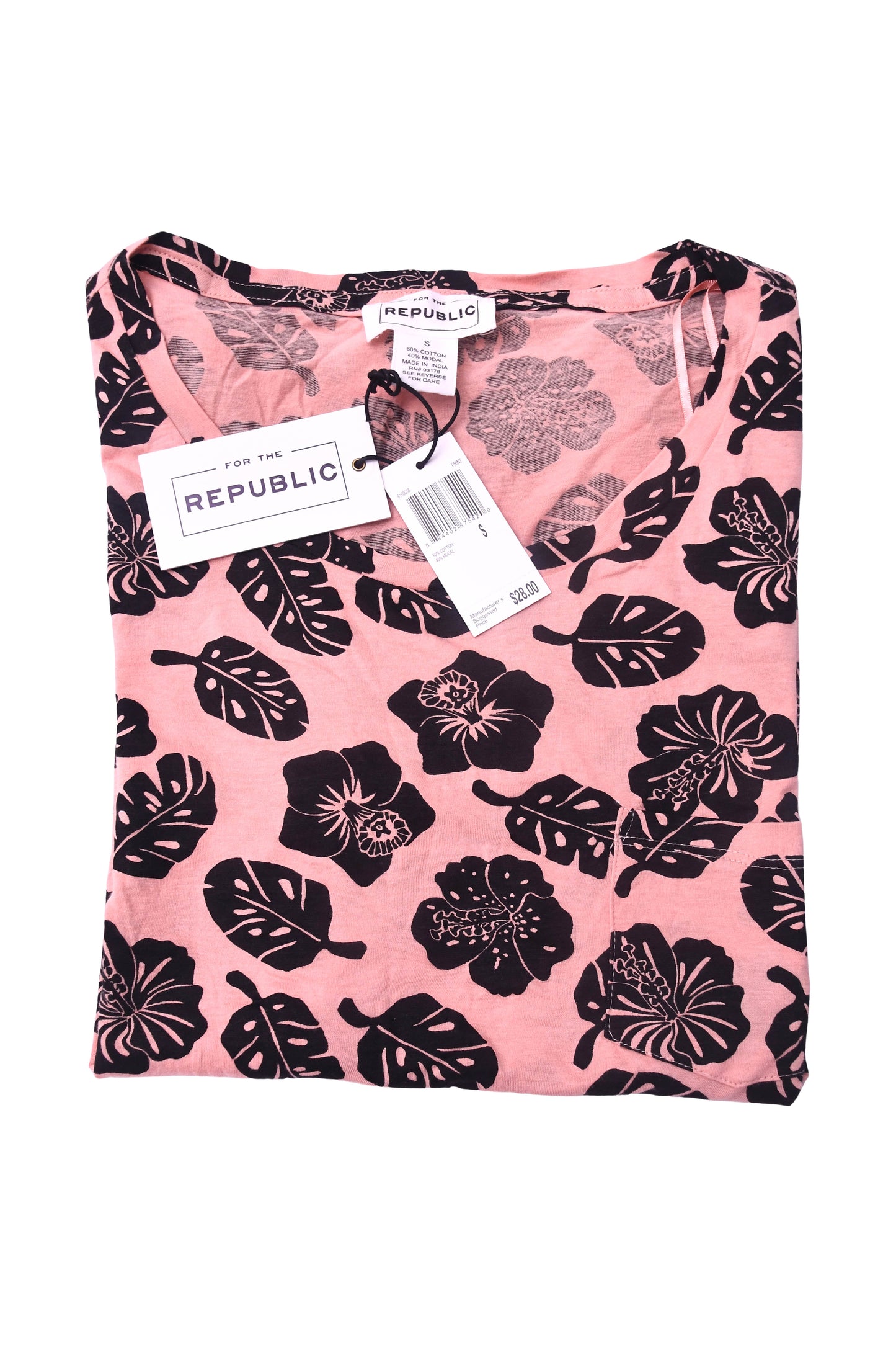 For The Republic Women's Pink Floral Tropical Leaf Pocket Tee Shirt Small NWT